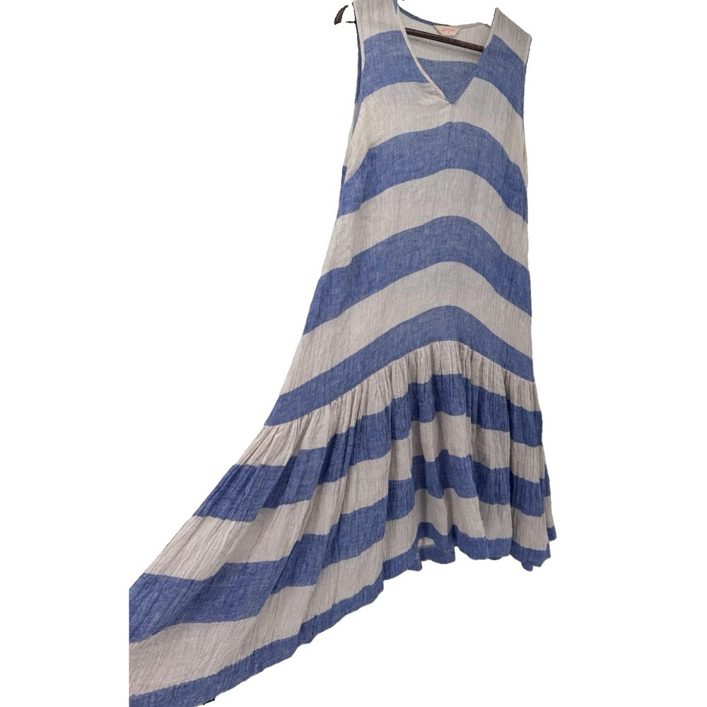 Gorman 100% Linen Striped Maxi Tiered Dress Lagenlook Cottage Coastal 2017 VTG